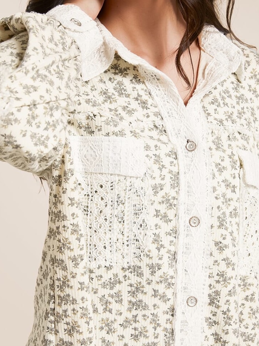 POL Floral Crochet-Trim Button Front Sweater - Cream/Olive size Large